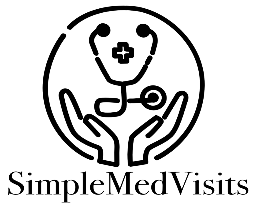 SimpleMed Visits Logo text hands with floating stethoscope and cross in a circle